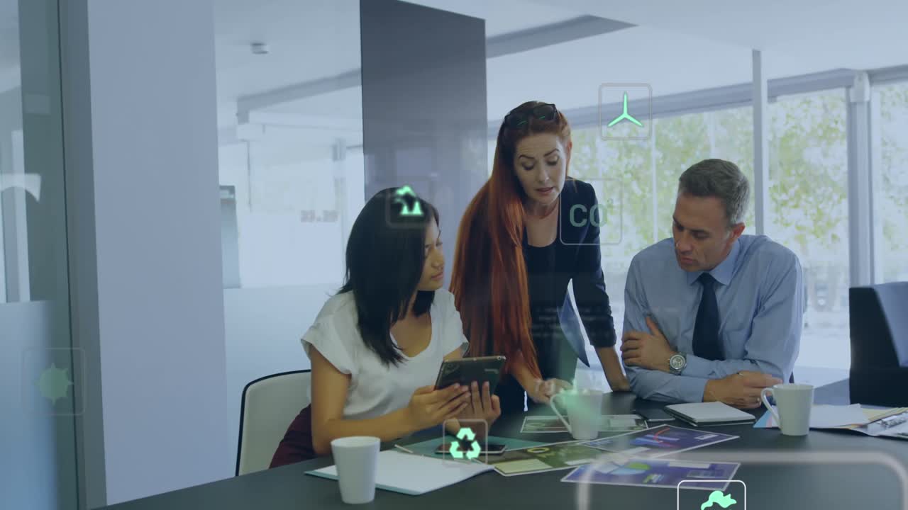Animation of eco icons and data processing over diverse business people in office