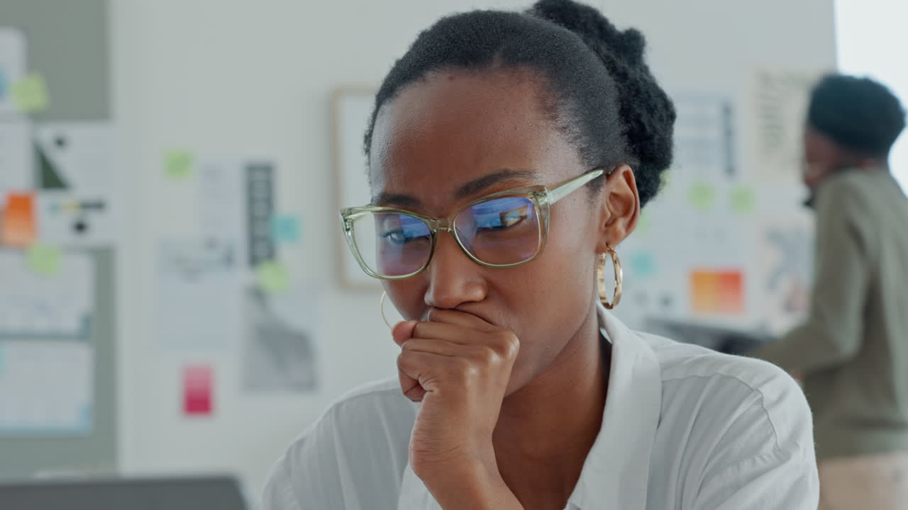 Stress, laptop and web design black woman of SEO
