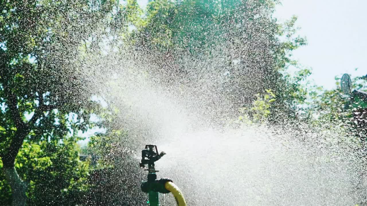 A professional automatic irrigation system sprays water in small droplets in the fog view on the territory of the site in the countryside in the summer. Close-up.