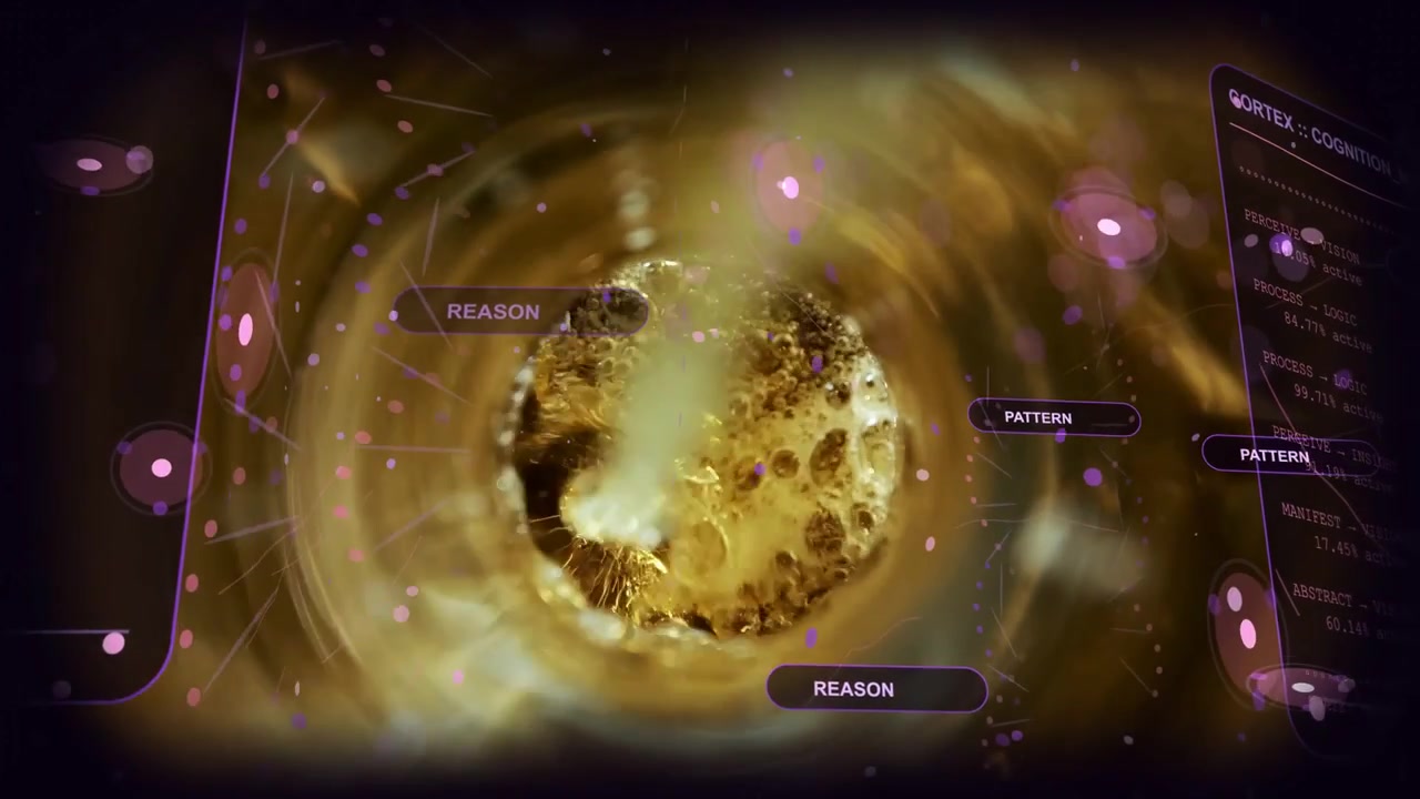 Gold vortex rotating, sending foam column down, churning core, tagging REASON PATTERN, tech panels