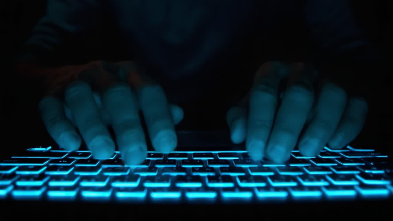 Illuminated Keyboard: A Close-Up View of Hands Typing in a Dark Environment Highlighted by the Glowing Keys, Depicting the Intricacies of Modern Technology and Communication