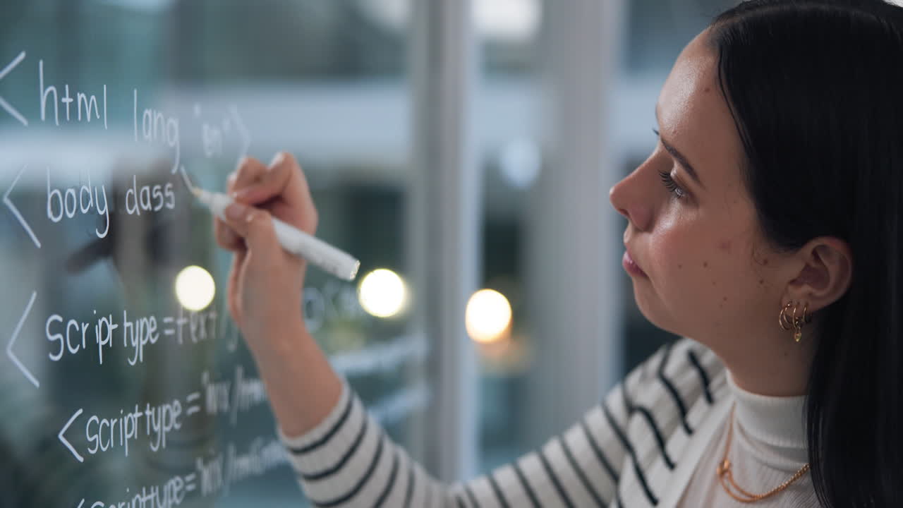 Woman writing HTML code on glass