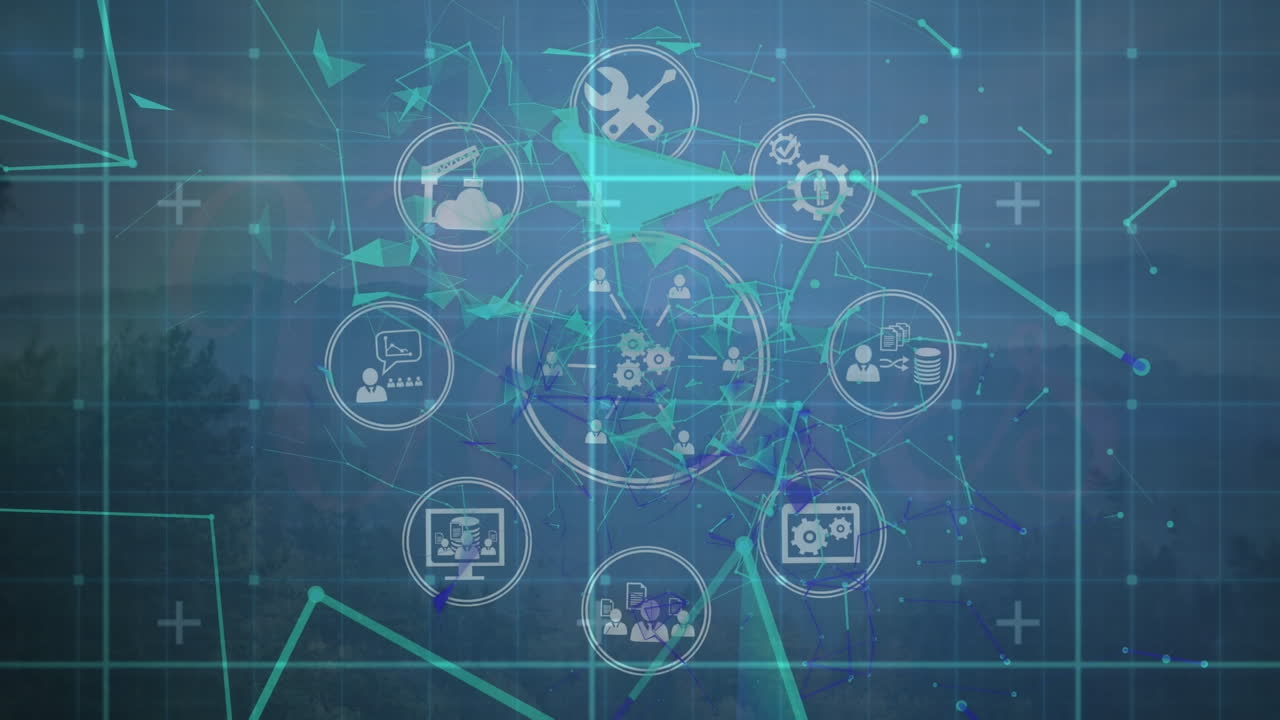 animación de la red de conexiones con iconos sobre el paisaje