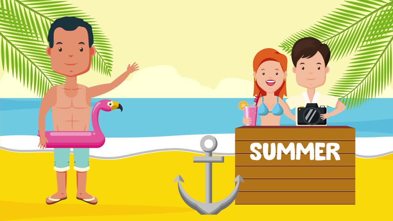 해변에서 젊은 남자 여름 시간 캐릭터