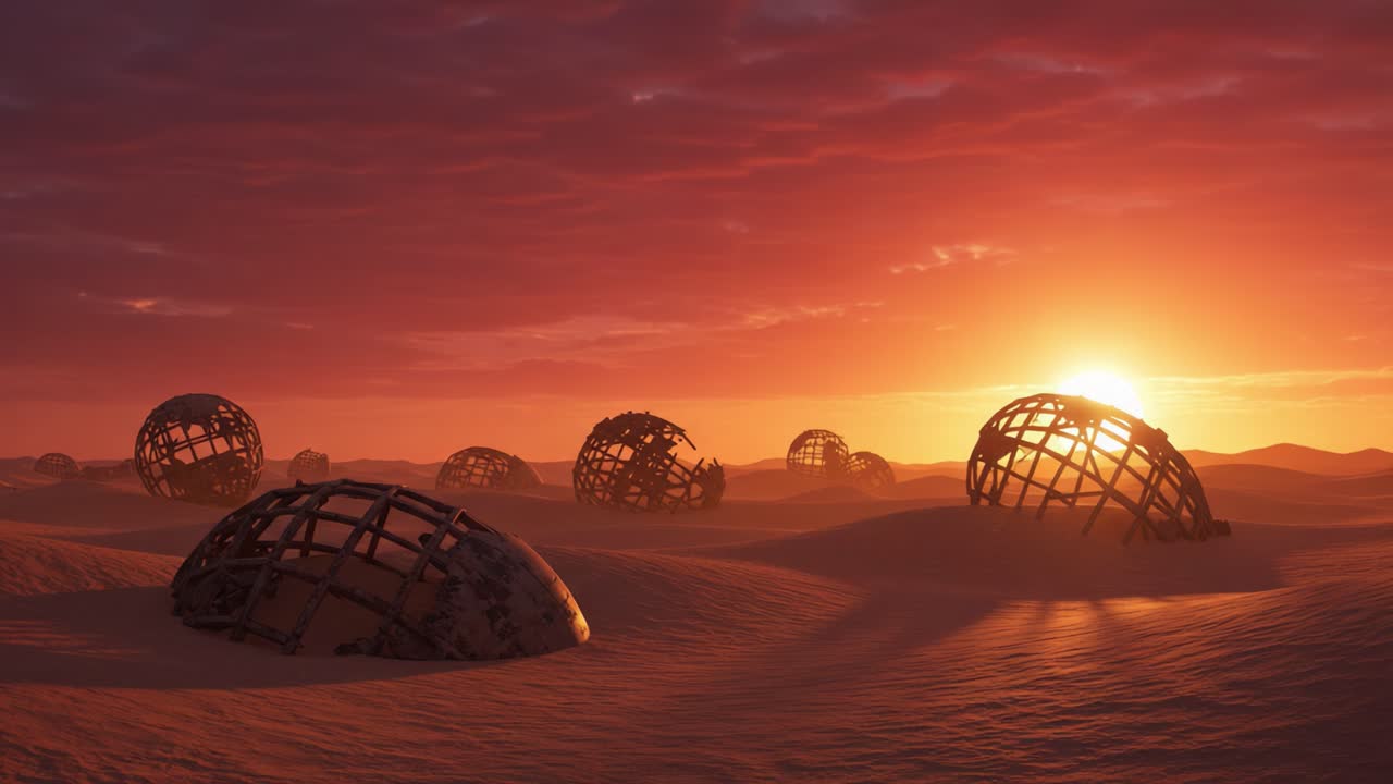 A Stunning Sunset Over a Desert Landscape Featuring Unique Metallic Structures Emerging from the Sand, Capturing an Otherworldly and Surreal Atmosphere