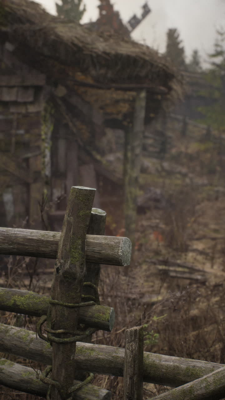 un primer plano de un viejo poste de valla de madera con musgo creciendo en él, en frente de una cabaña de madera rústica