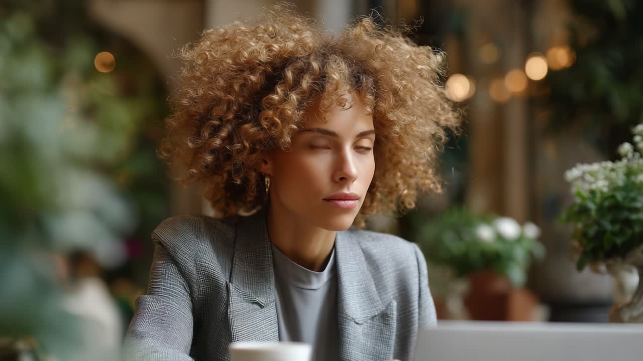 A contemplative moment in a cozy caf? setting, where a young woman with curly hair focuses on her laptop, the ambiance filled with greenery and soft lighting
