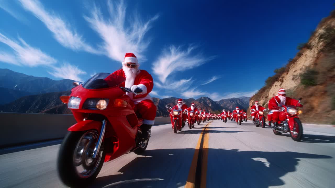 A Festive Parade of Santas Riding Through the Mountains on Red Motorcycles, Embracing the Spirit of Joy and Celebration in a Scenic Landscape during the Holiday Season