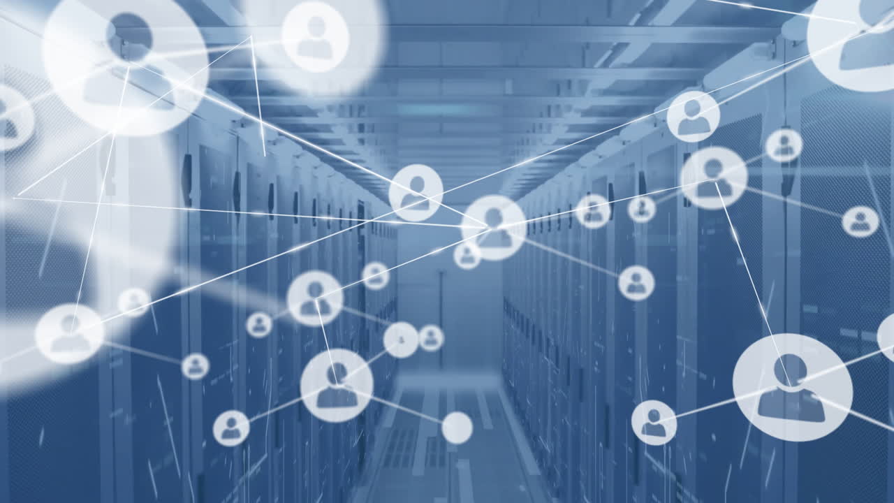 Network of connections and data processing animation over server room