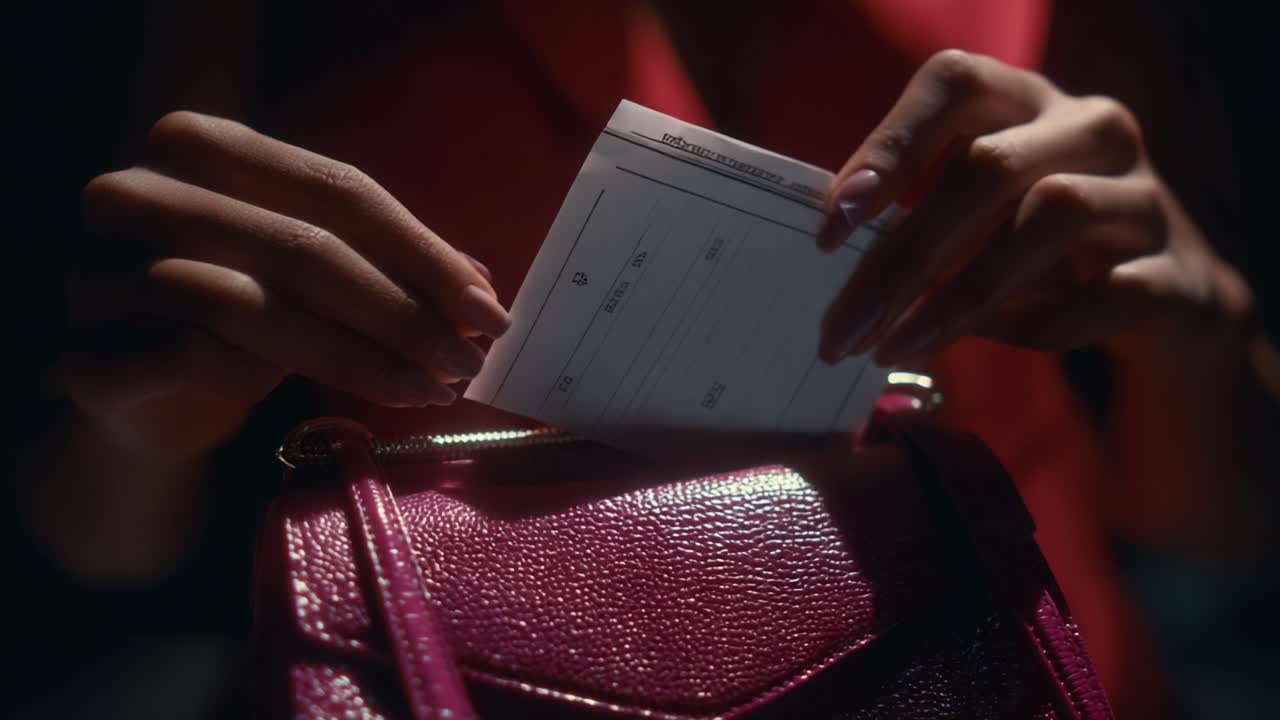A close-up view of elegantly manicured hands retrieving a receipt from a stylish purple handbag, showcasing a blend of fashion and everyday life in soft lighting and dramatic shadows