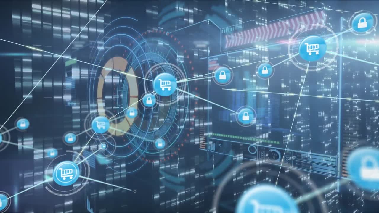 원, 연결된 아이콘, 추상적인 패턴 및 렌즈 플레어의 애니메이션을 조명된 바 그래프 위에 표시합니다.