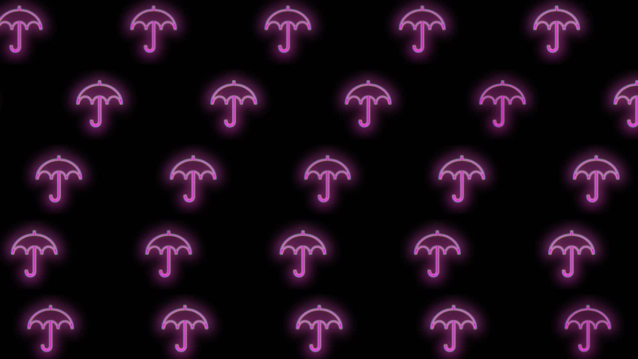 patrón de iconos de paraguas con luz led de neón en degradado negro.