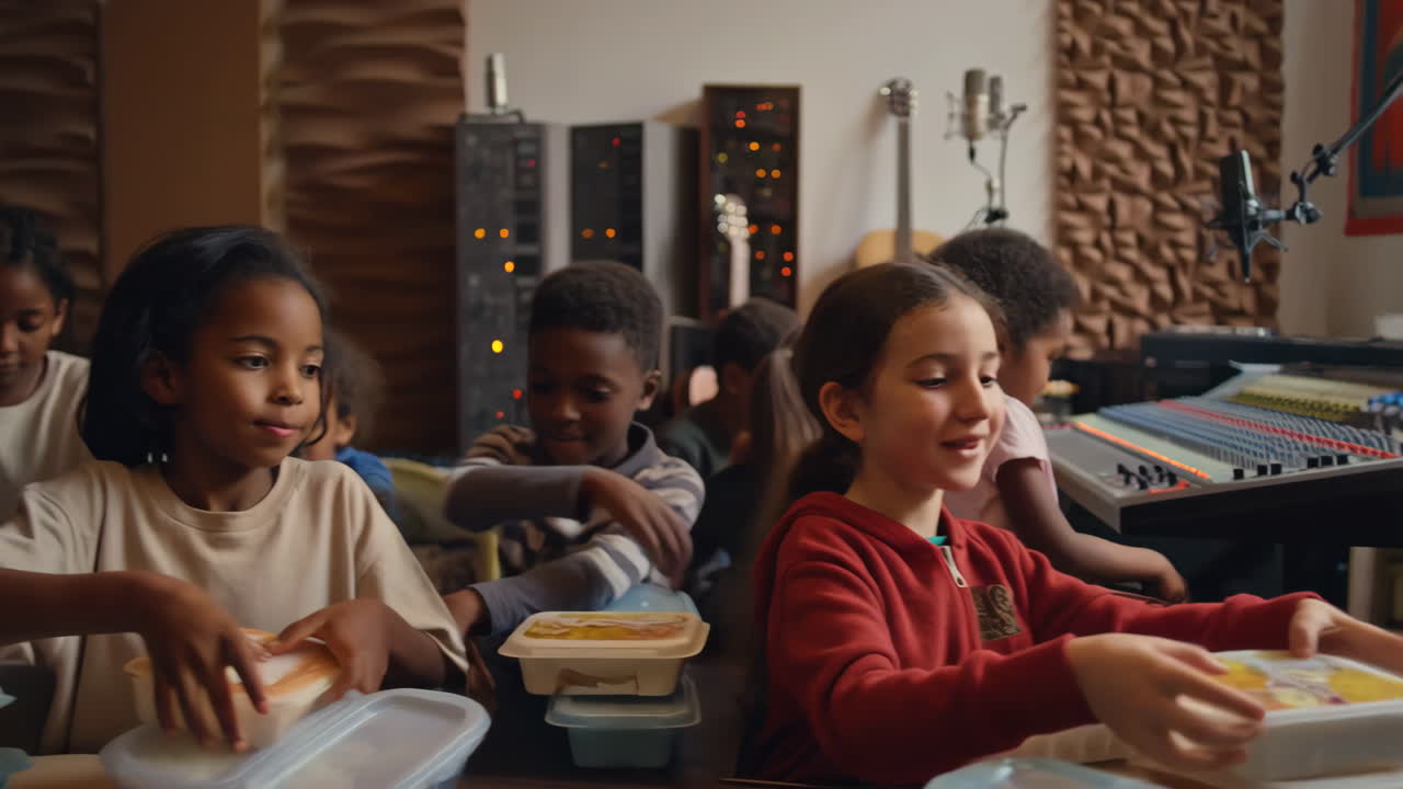 Bambini che pranzano in uno studio di registrazione