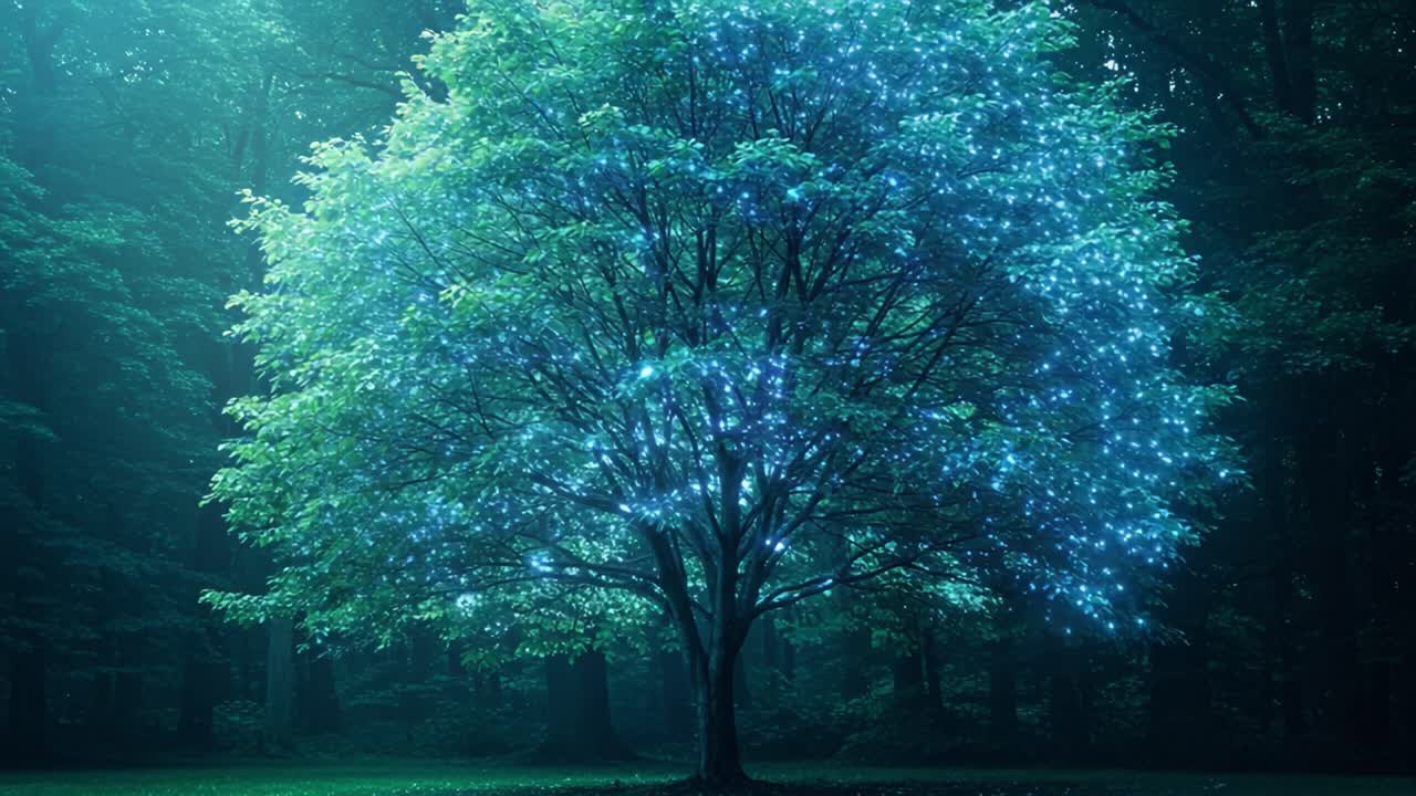 A Glowing Tree Illuminated by Magical Lights in a Mysterious Forest, Showcasing Nature's Enchantment and Surreal Beauty in a Dreamlike Atmosphere