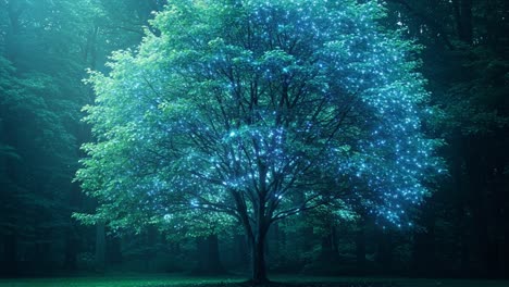 a glowing tree illuminated by magical lights in a mysterious forest, showcasing nature's enchantment and surreal beauty in a dreamlike atmosphere