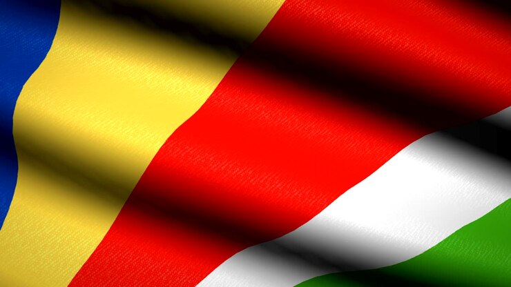 Bandiera delle Seychelles che sventola su sfondo con texture tessile. Animazione in loop continuo. Schermo intero. Movimento rallentato. Video 4K.