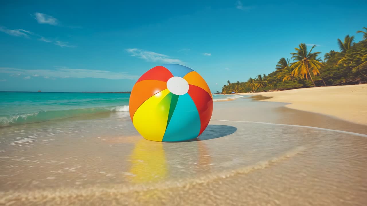Pelota de playa brillante meciéndose y rodando en la orilla mojada, pequeñas olas acariciando su base y cambiando el reflejo.