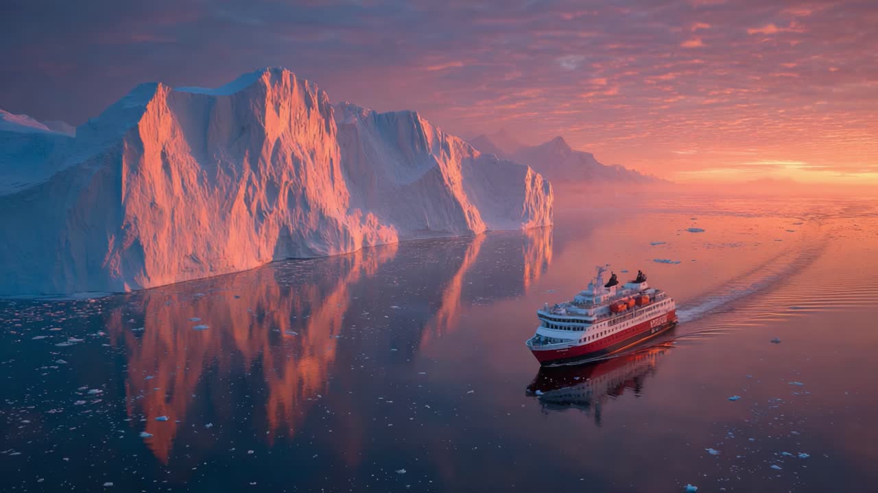 A Stunning Arctic Sunrise: Cruise Ship Navigating Past Majestic Icebergs Amidst Vibrant Pink and Orange Sky Reflections over the Serene Waters