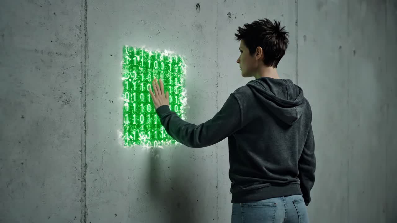 Woman interacting with binary code on a concrete wall