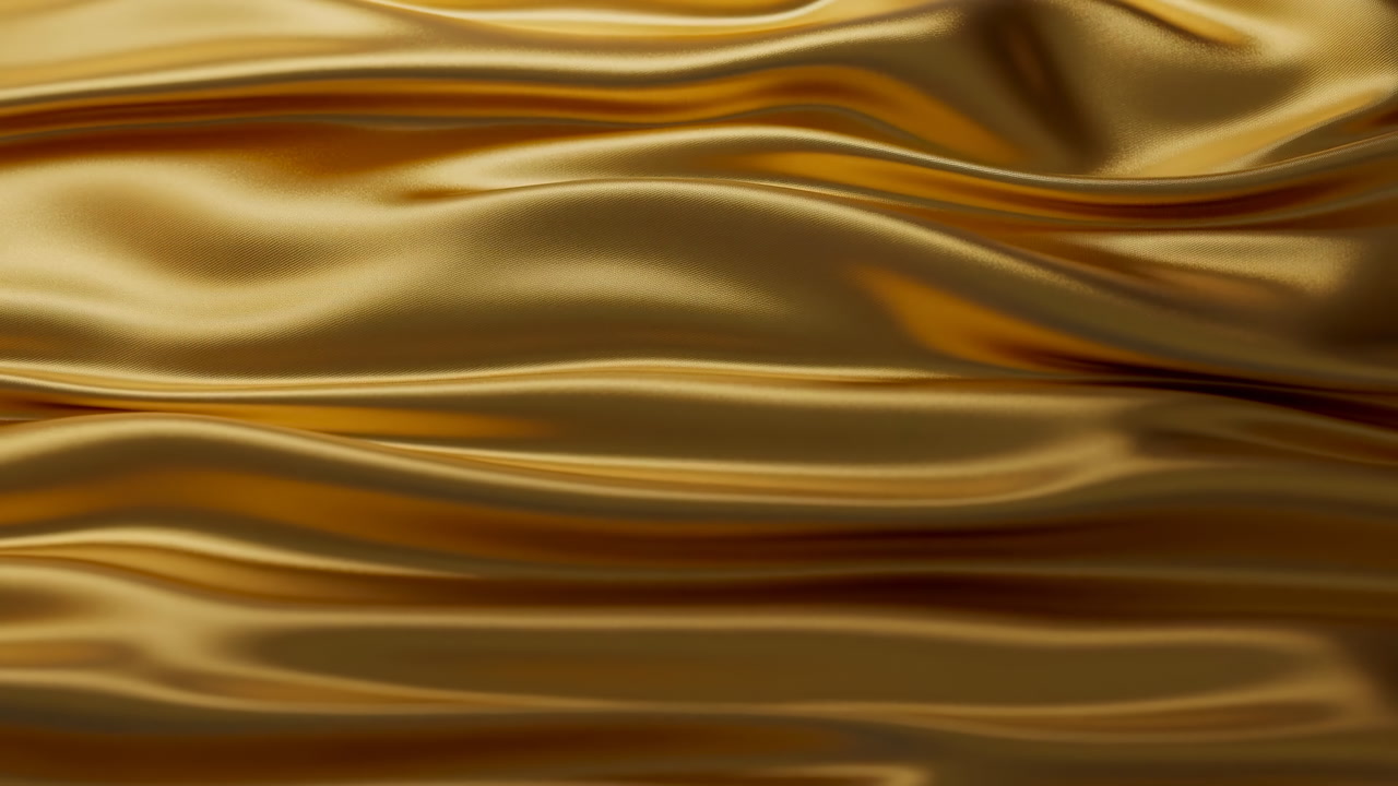 Gold Satin Fabric Waves Close Up, Luxurious Silky Surface With Flowing Drape And Warm Glossy Highlights,