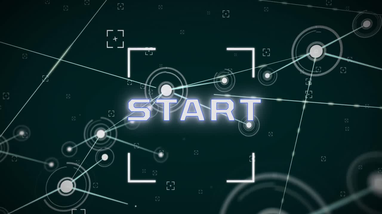 추상적인 배경에 시작 텍스트와 연결된 점을 가진 뷰파인더의 애니메이션