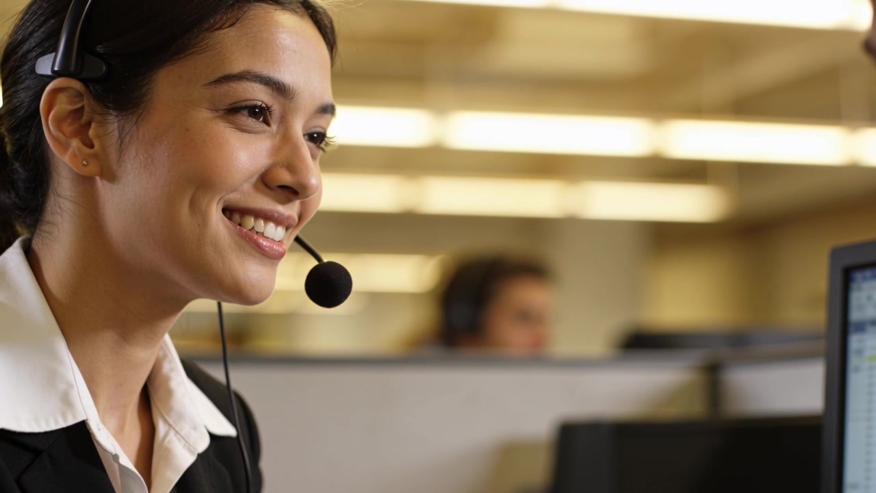 Usmívající se agentka call centra vyřizuje hovor v kancelářské kóji, v saku a s náhlavní soupravou, pomáhá volajícímu.