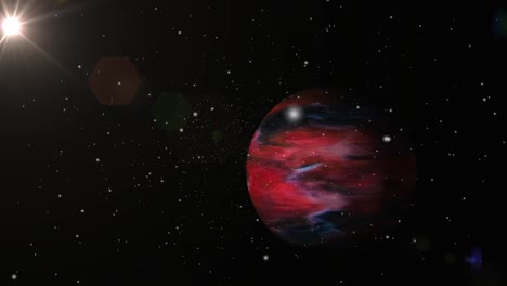 a red gas planet with a bright light in the universe