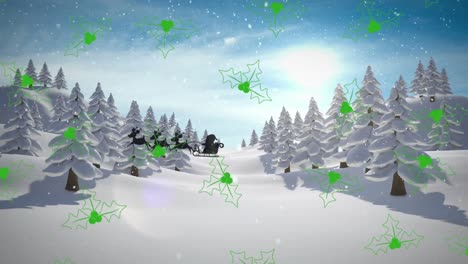 Animación-De-Santa-Claus-En-Trineo-Con-Renos-Sobre-Nieve-Cayendo,-Muérdago-Y-Paisaje-Invernal