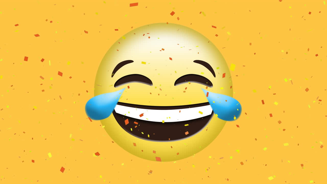 animación de confeti cayendo llorando de alegría emoji sobre fondo amarillo