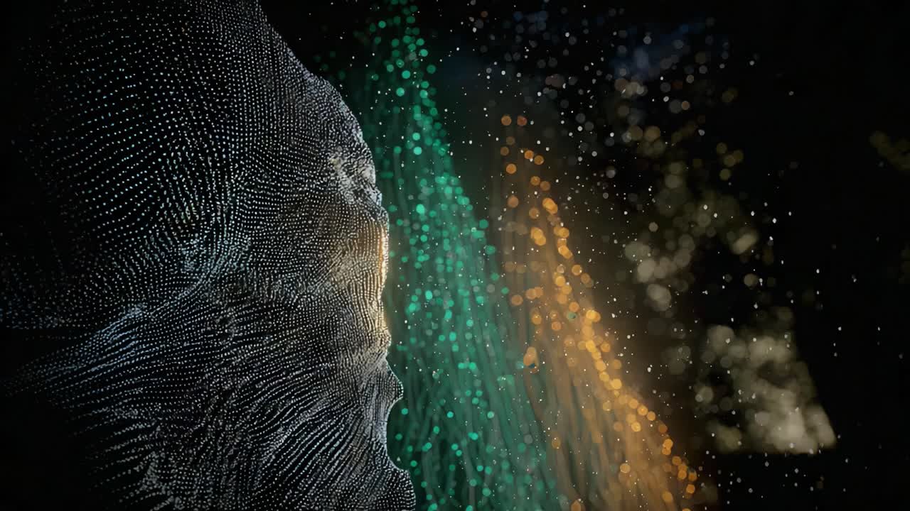 A Digital Transformation of Light and Shadow: Exploring the Intricate Details of an Abstract Form Surrounded by Vibrant, Colorful Lights Creating a Captivating Visual Experience