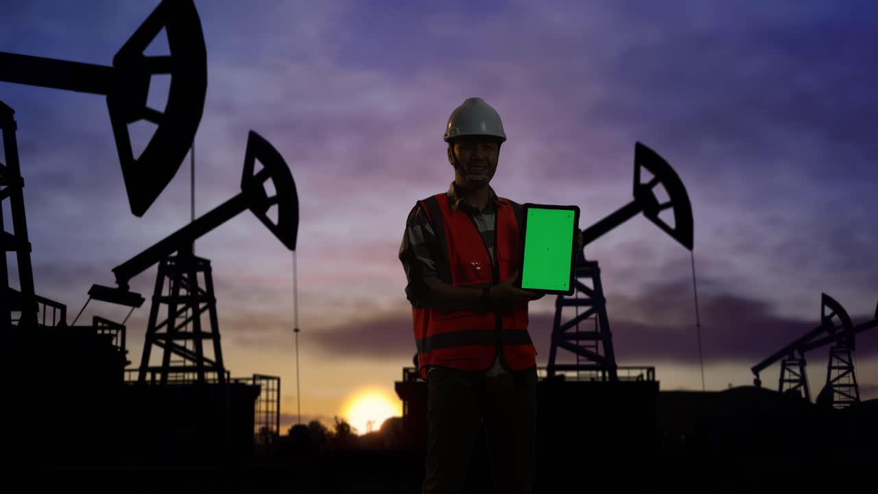 ingeniero masculino asiático con casco de seguridad sonriendo y mostrando la tableta de pantalla verde a la cámara mientras está de pie frente a las bombas de aceite, durante la puesta o el amanecer