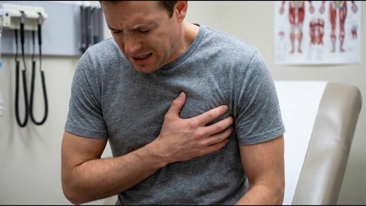 Person holding center chest with both hands in casual indoor setting in everyday health concept