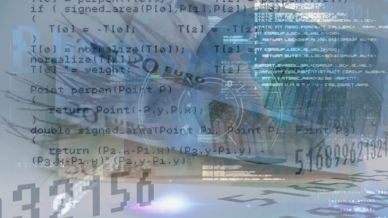 Animation of data processing and globe over euro banknotes