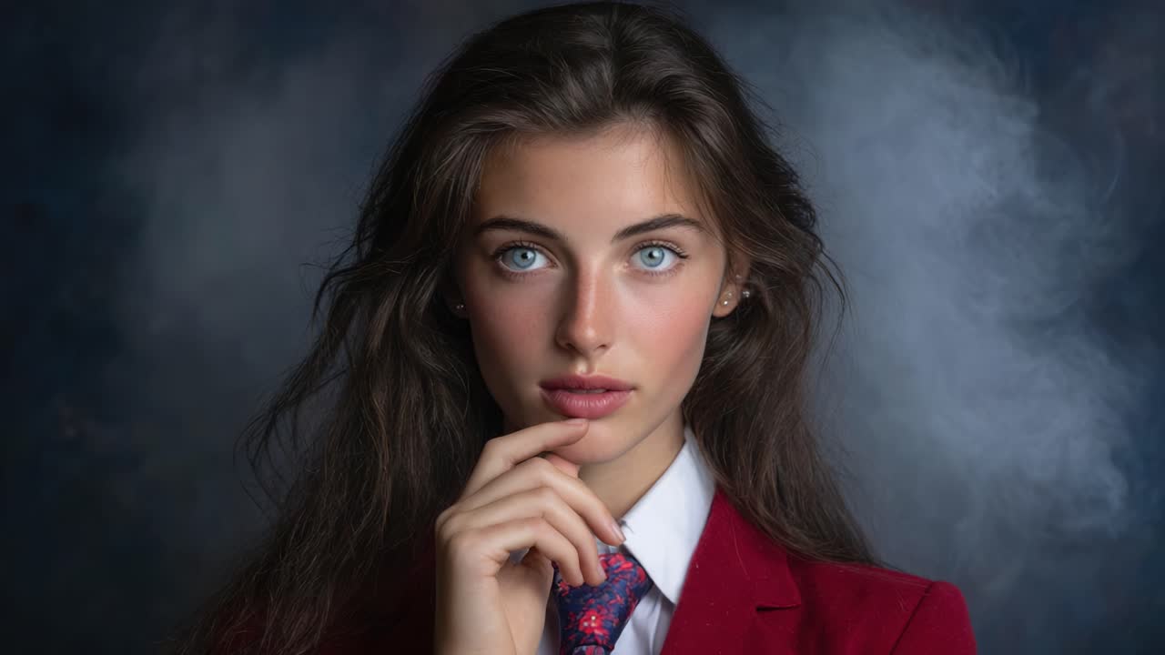 Captivating Portrait of a Thoughtful Young Woman in a Striking Red Suit, Showcasing Elegance and Charm Against a Dreamy, Ethereal Background