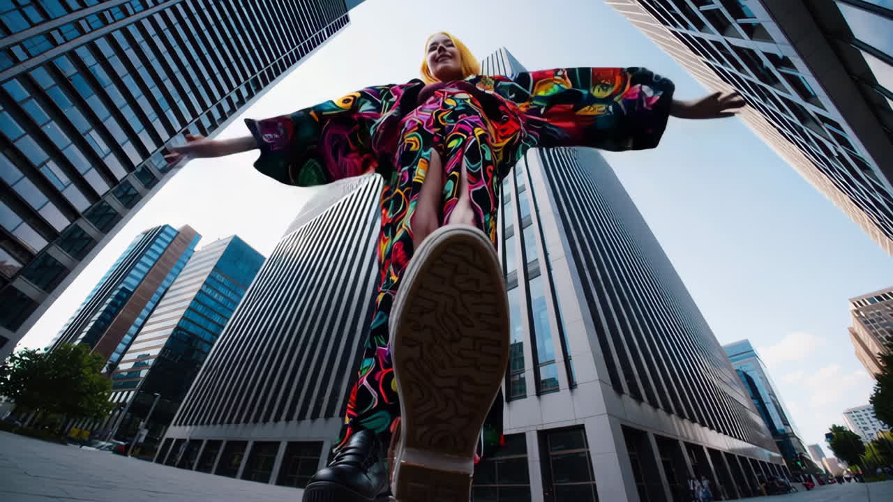 Dynamic low-angle view of a woman in a colorful outfit with large shoe in an urban setting