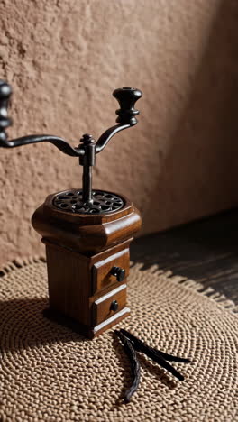 vintage wooden spice grinder with vanilla beans