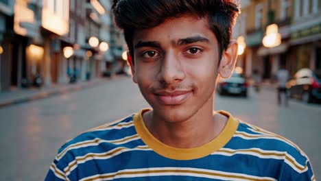 gentle golden hour glow illuminating urban street, young man radiating warm smile, embodying youthful confidence and serene city atmosphere