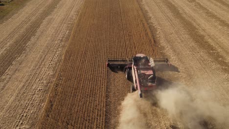 Combine-harvesting-soybeans-driving-on-large-field-in-Michigan,-USA,-drone-view