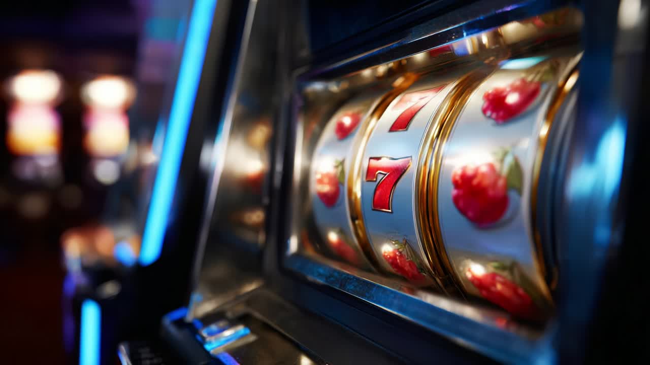 Primo piano di una slot machine classica con simboli dai colori vivaci e rulli rotanti che evocano l'emozione del gioco d'azzardo al casinò e l'attesa di vincere grandi premi