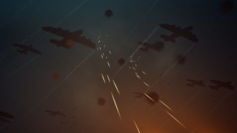 Squadron-of-planes-flying-overhead-with-fiery-trails-of-tracers,-flak-or-projectiles-streaking-up-towards-them-as-ammunition-fired-in-combat-or-during-a-gunnery-training-exercise.