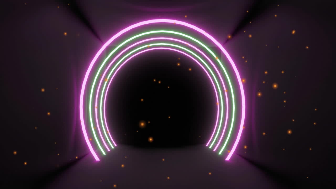 Glowing pink and green neon arches with floating particles in dark tunnel animation
