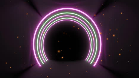 glowing pink and green neon arches with floating particles in dark tunnel animation
