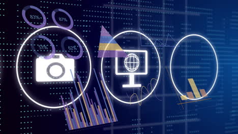 Digital-data-processing-animation-over-icons-of-camera,-computer,-and-bar-graphs