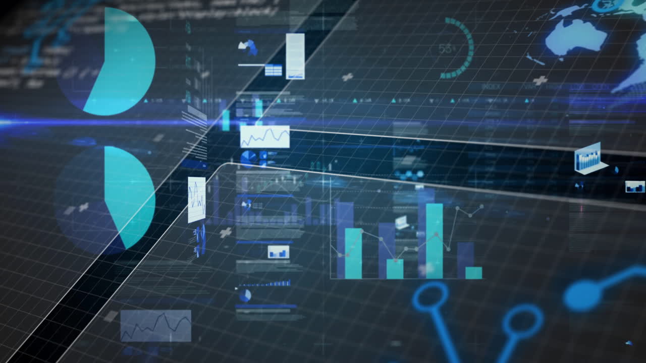 Digital graphs and charts animation over futuristic technology interface background