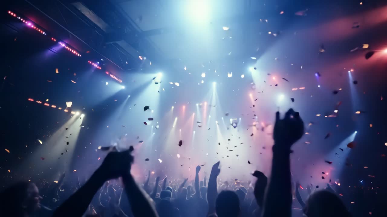 Vibrant concert scene with confetti and colorful lights. Captured from a low angle, the video
