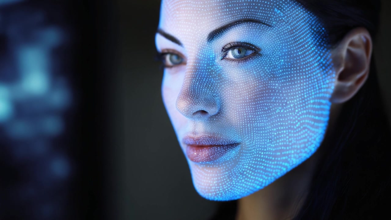 A captivating close-up of a woman's face illuminated with a digital holographic display, featuring intricate patterns and vivid colors that enhance her mesmerizing features.