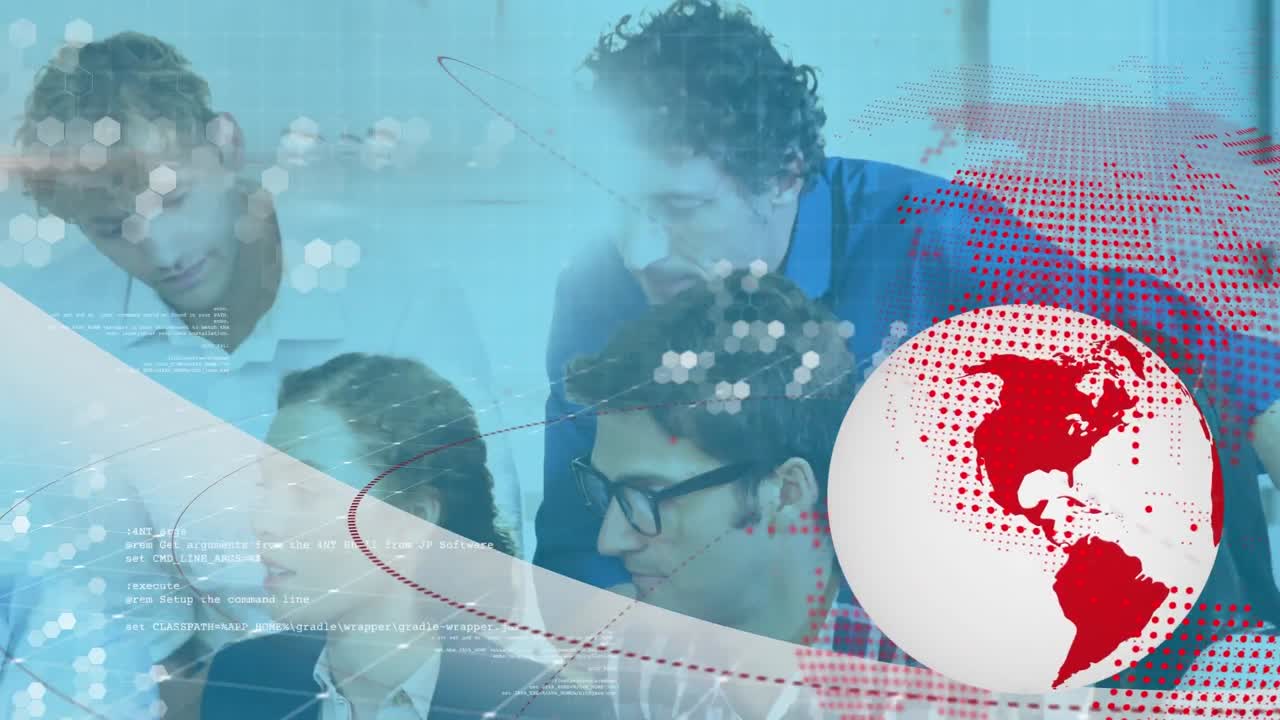 girar el globo y procesar datos contra un equipo de colegas de oficina que trabajan juntos en la oficina