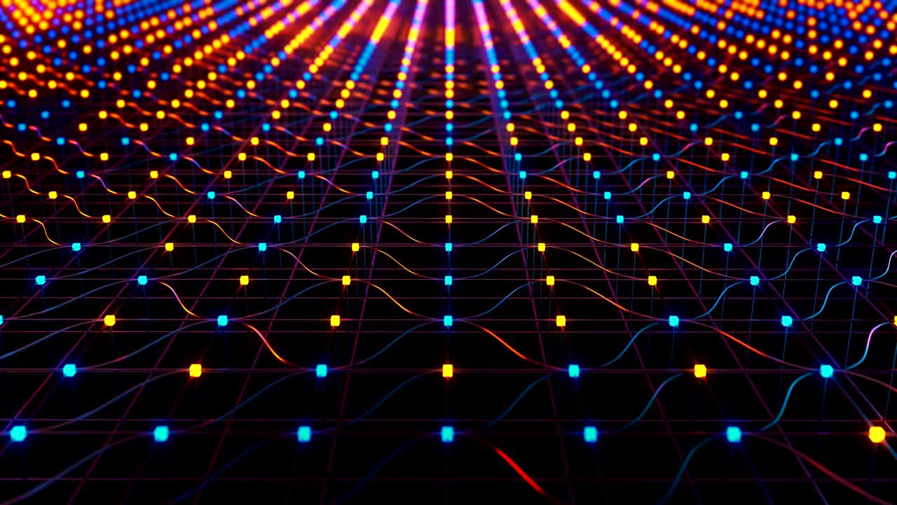 cuadrícula de metal futurista abstracta con cubos brillantes en el fondo negro con efecto bokeh. animación de bucle sin costuras en 3d.