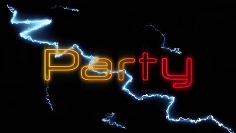 animation of party text over lightnings on black background