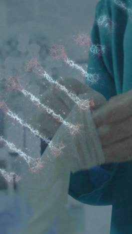 animación de la cadena de adn sobre una mujer cirujano diverso poniendo guantes